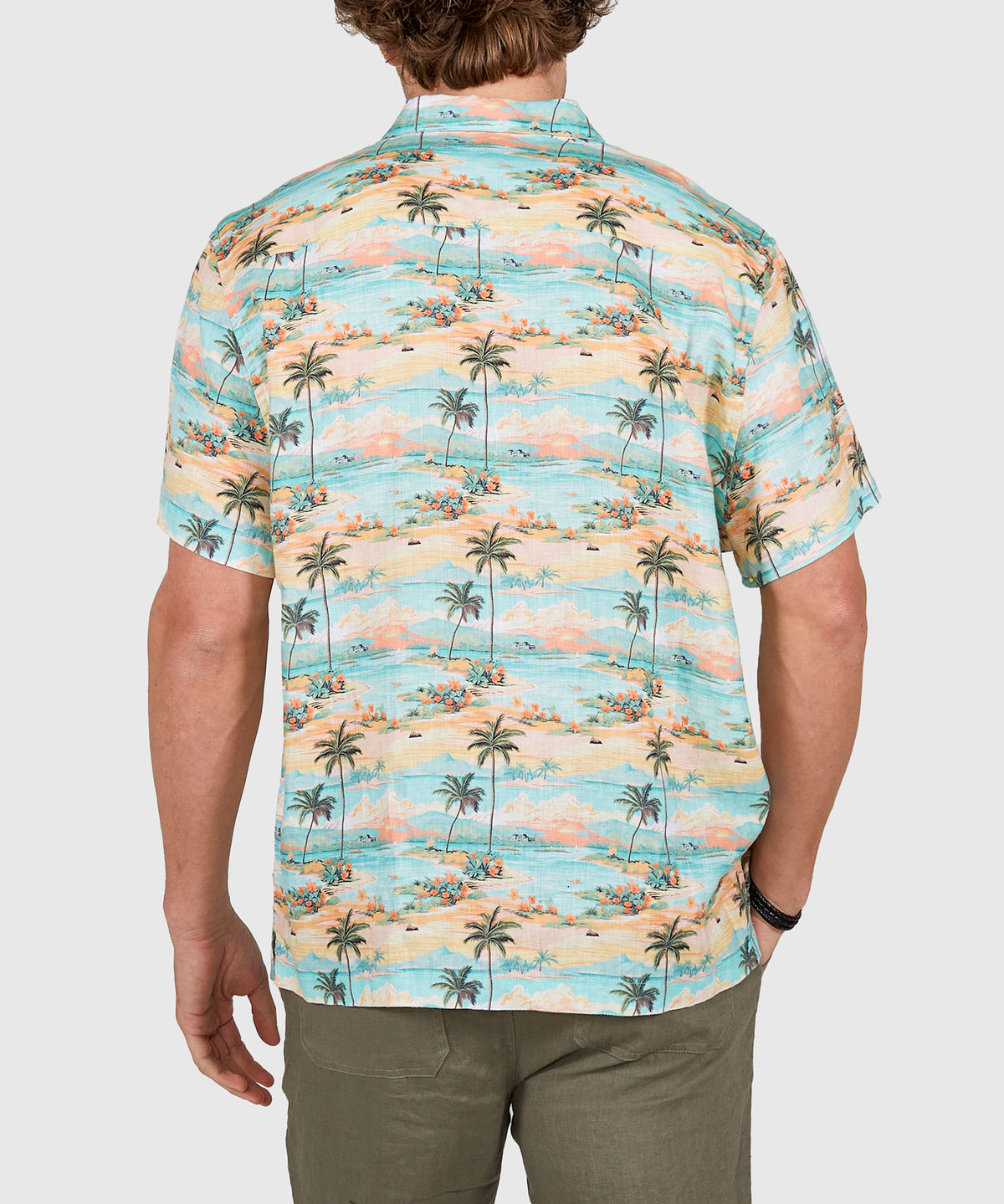 Westport Black Beach Print Short Sleeve Linen Camp Shirt, Men's Big & Tall