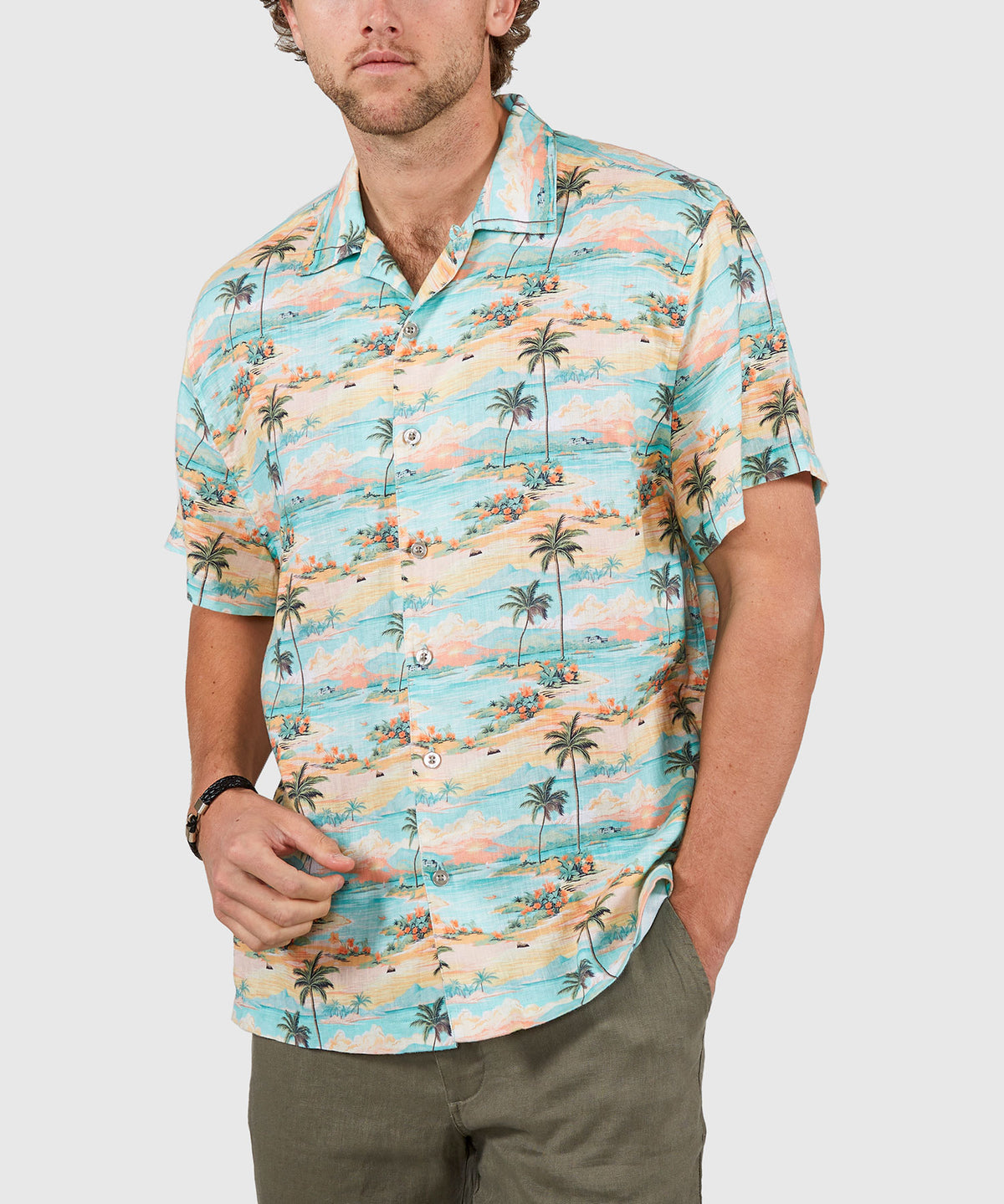 Westport Black Beach Print Short Sleeve Linen Camp Shirt, Men's Big & Tall