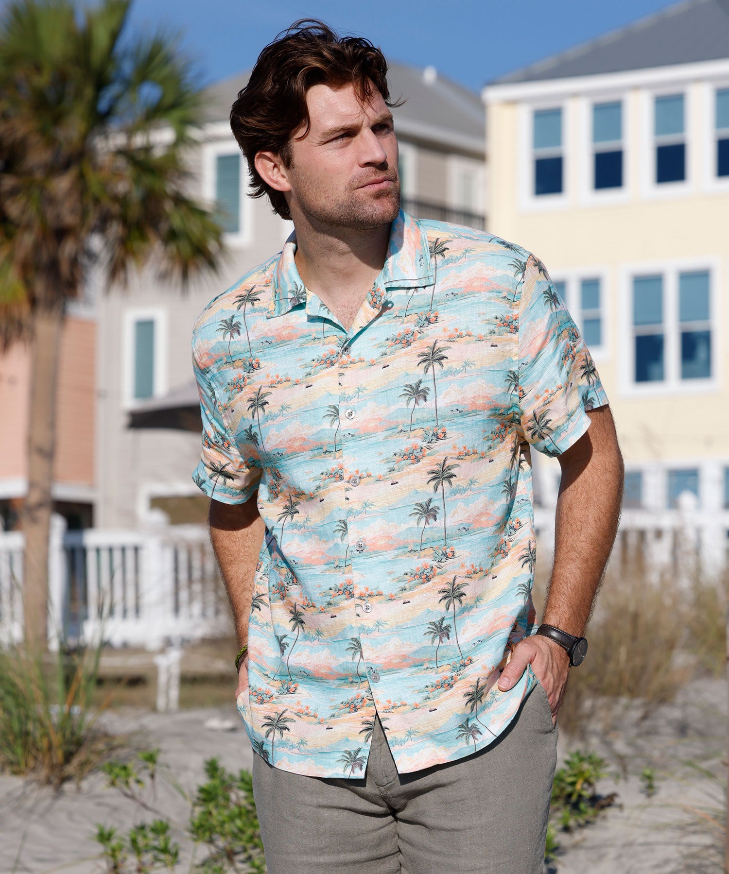 Men's Big & Tall Westport Black Beach Print Short Sleeve Linen Camp Shirt Multi / 2XB Men's Big & Tall Westport Black Beach Print Short Sleeve Linen Camp Shirt Multi / 2XB
