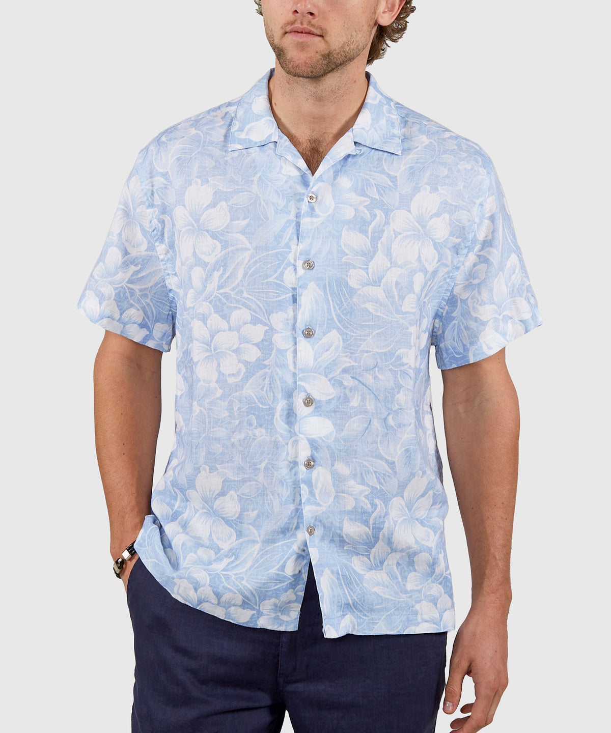 Westport Black Floral Print Short Sleeve Linen Camp Shirt, Men's Big & Tall