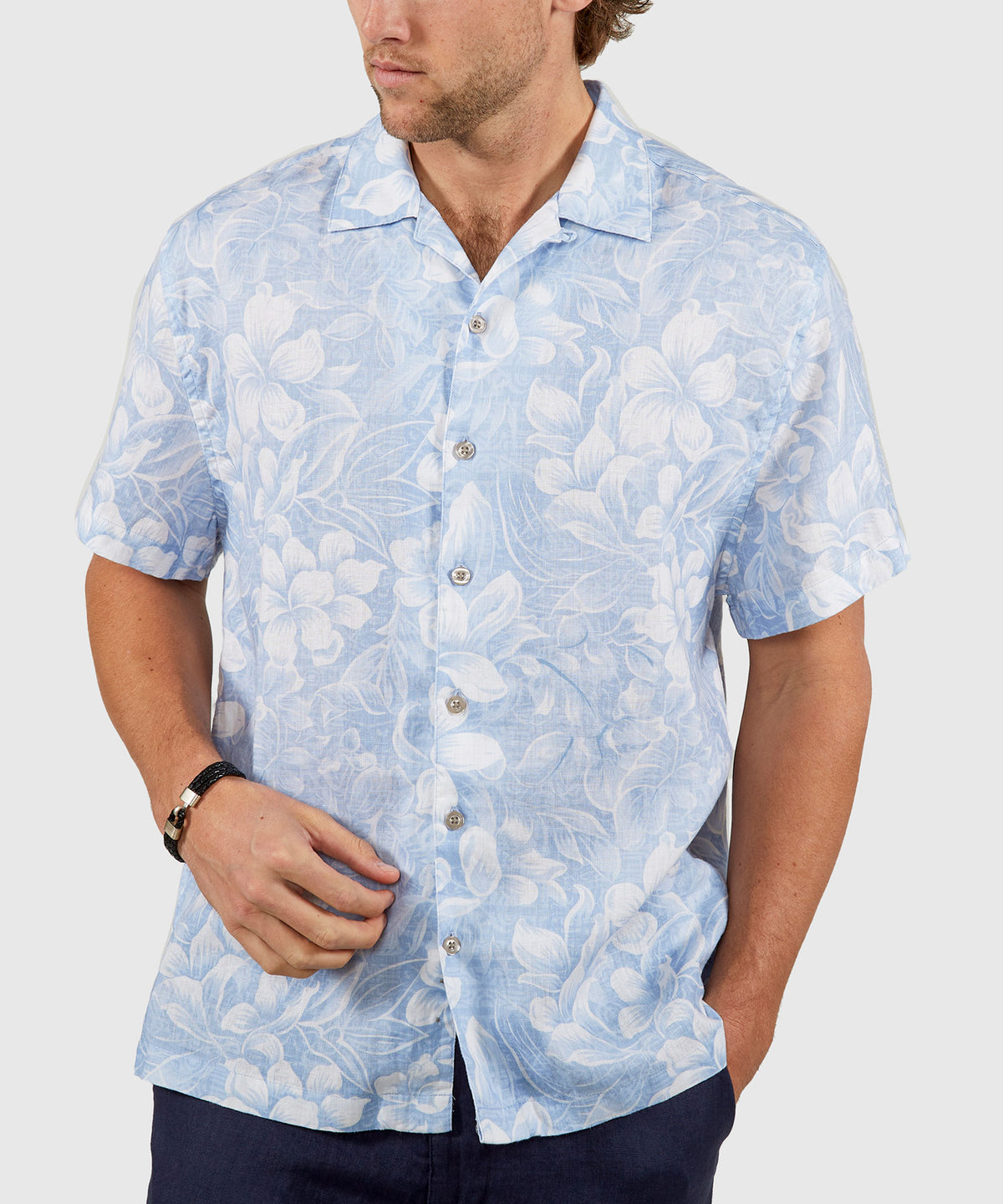 Westport Black Floral Print Short Sleeve Linen Camp Shirt, Men's Big & Tall