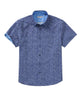 Cobalt short-sleeve button-up performance sport shirt with geometric foulard print