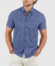 Cobalt short-sleeve button-up shirt with geometric foulard print, spread collar