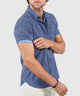 Cobalt short-sleeve button-up performance shirt with patterned sleeve and cuffs