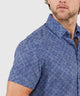 Cobalt foulard print short-sleeve button-up shirt with spread collar detail