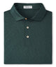 Green short-sleeve performance polo with patterned fabric, button placket, and spread collar - Nordic Pine