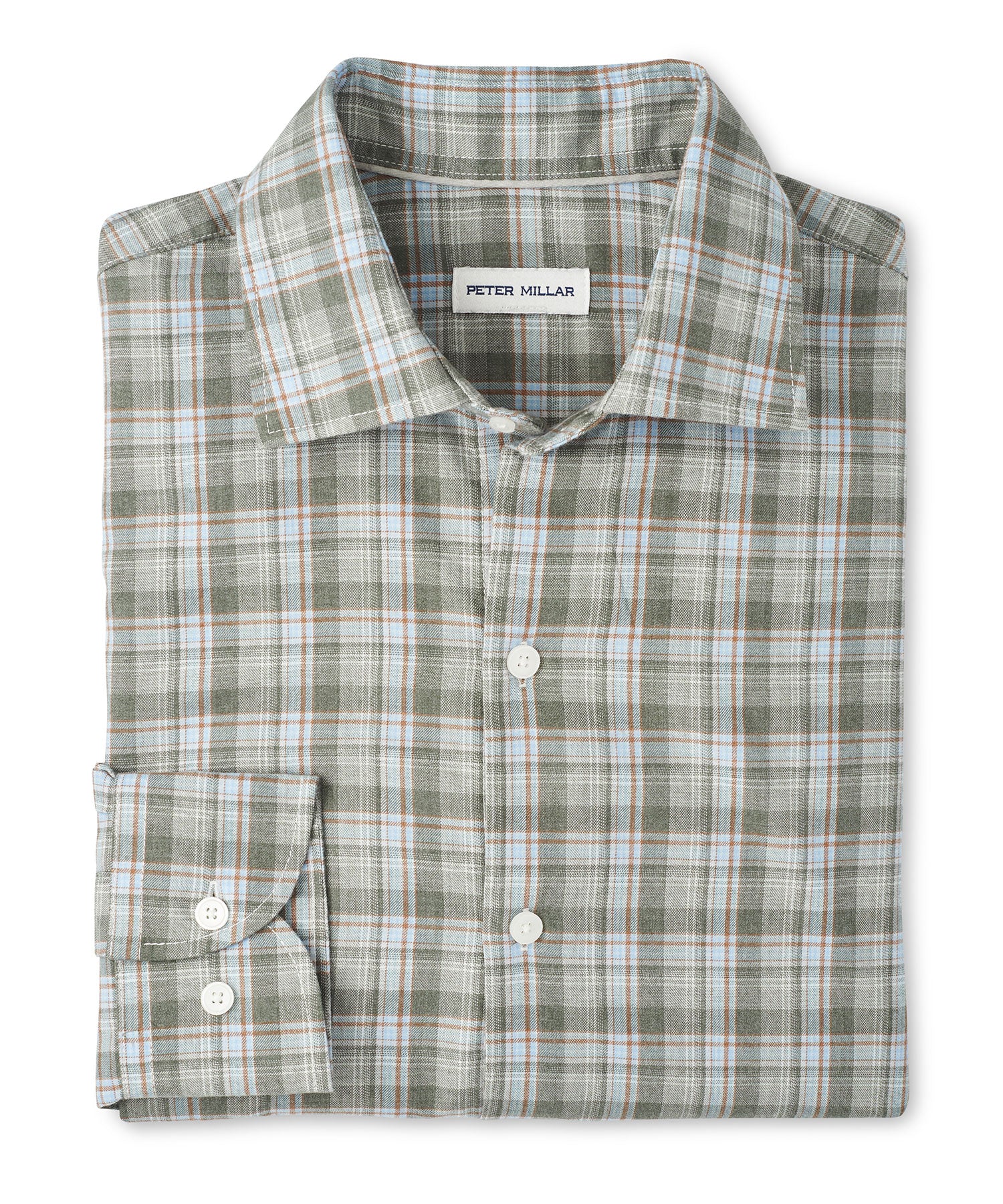 Peter Millar Long Sleeve Spread Collar Performance Flannel White Cap Sport Shirt, Men's Big & Tall