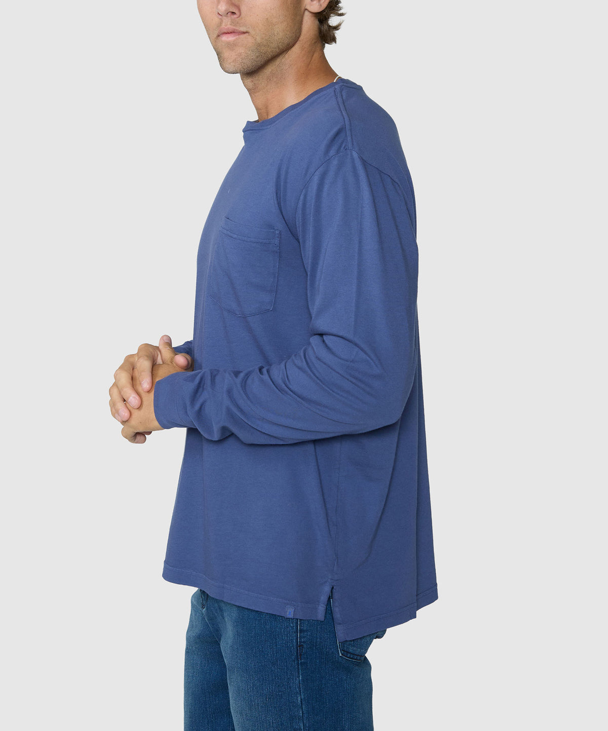 Westport Lifestyle Long Sleeve Ocean Washed Crew Neck Pocket T-Shirt - Navy, Men's Big & Tall