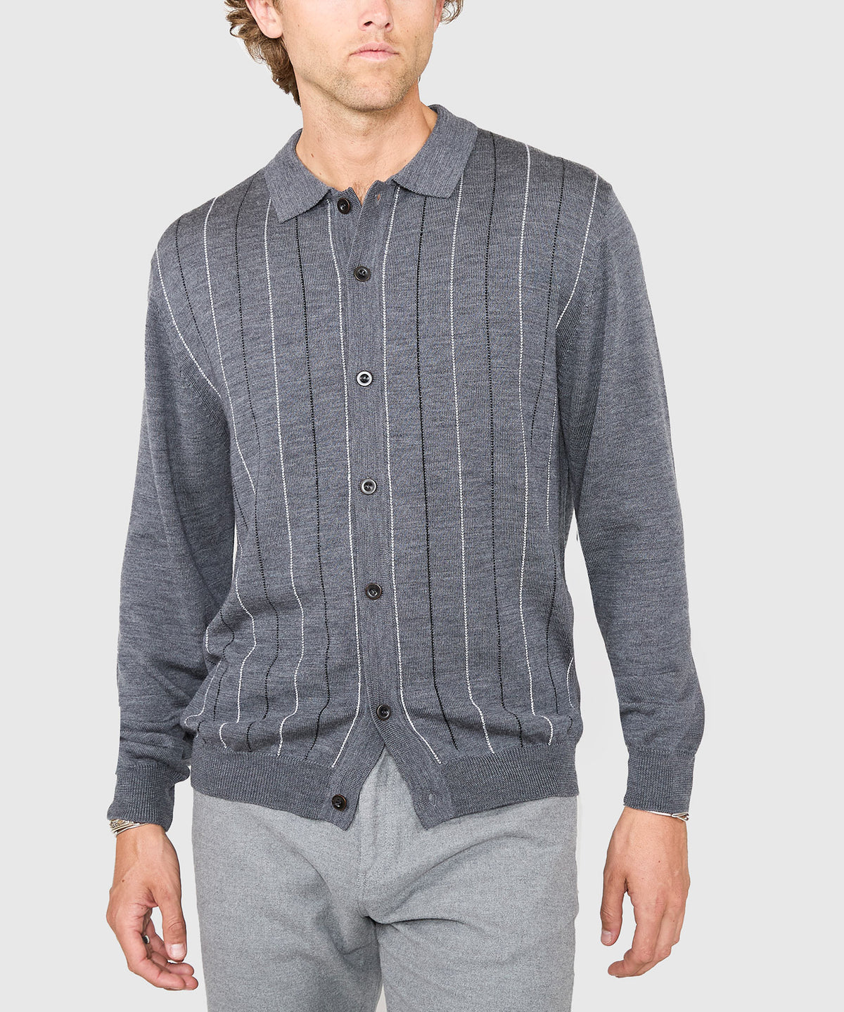 Westport Black Long Sleeve Birdseye Stripe Button Front Polo, Men's Big & Tall