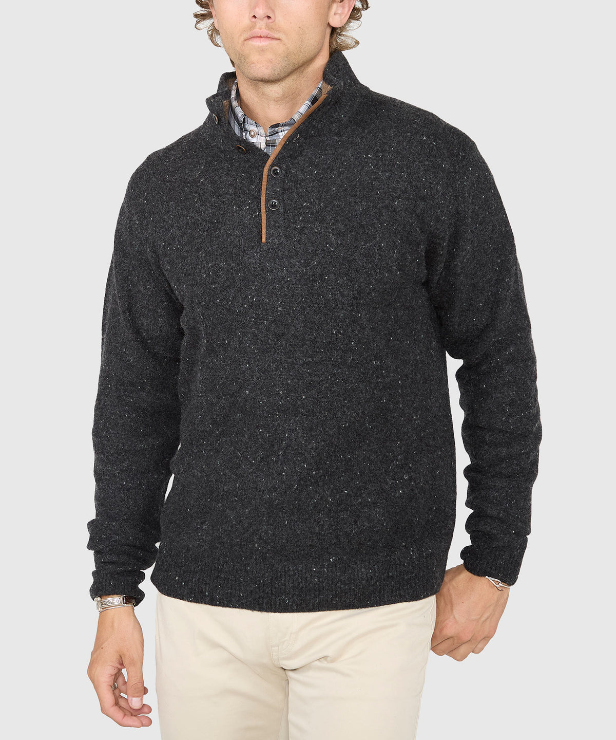 Westport Black Benson Donegal Button Mock Sweater, Men's Big & Tall