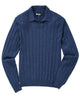 Blue long-sleeve merino polo sweater, Johnny collar, vertical stripe rib knit front view. - Navy