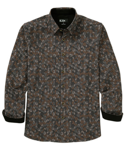 Westport Black Long Sleeve Hidden Button Down Collar Hex Print Knit Sport Shirt, Men's Big & Tall
