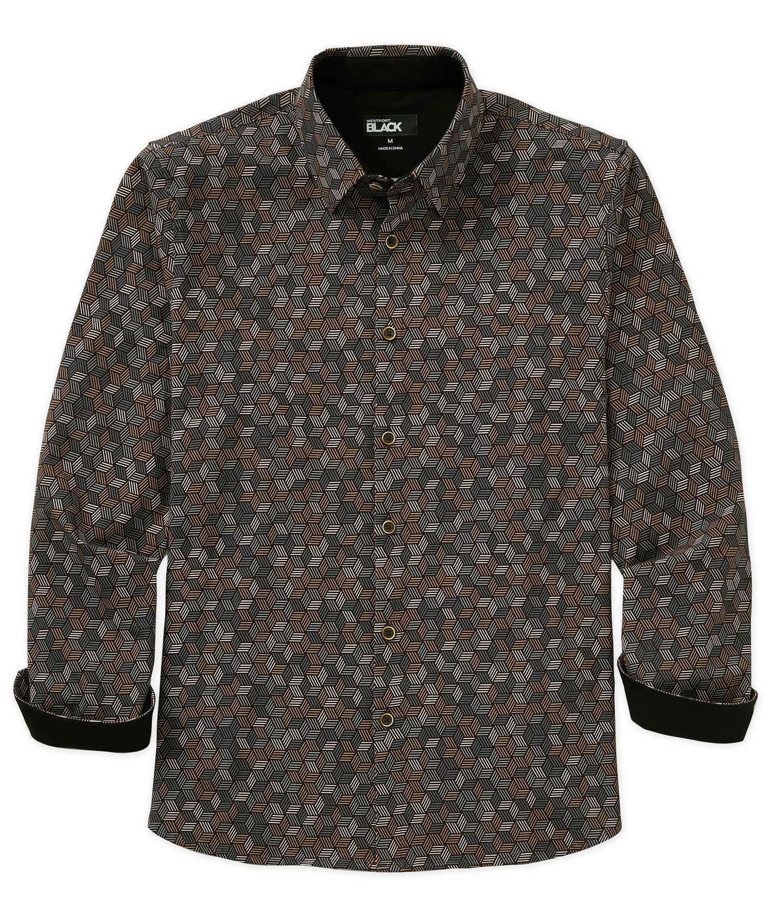 Westport Black Long Sleeve Hidden Button Down Collar Hex Print Knit Sport Shirt, Men's Big & Tall