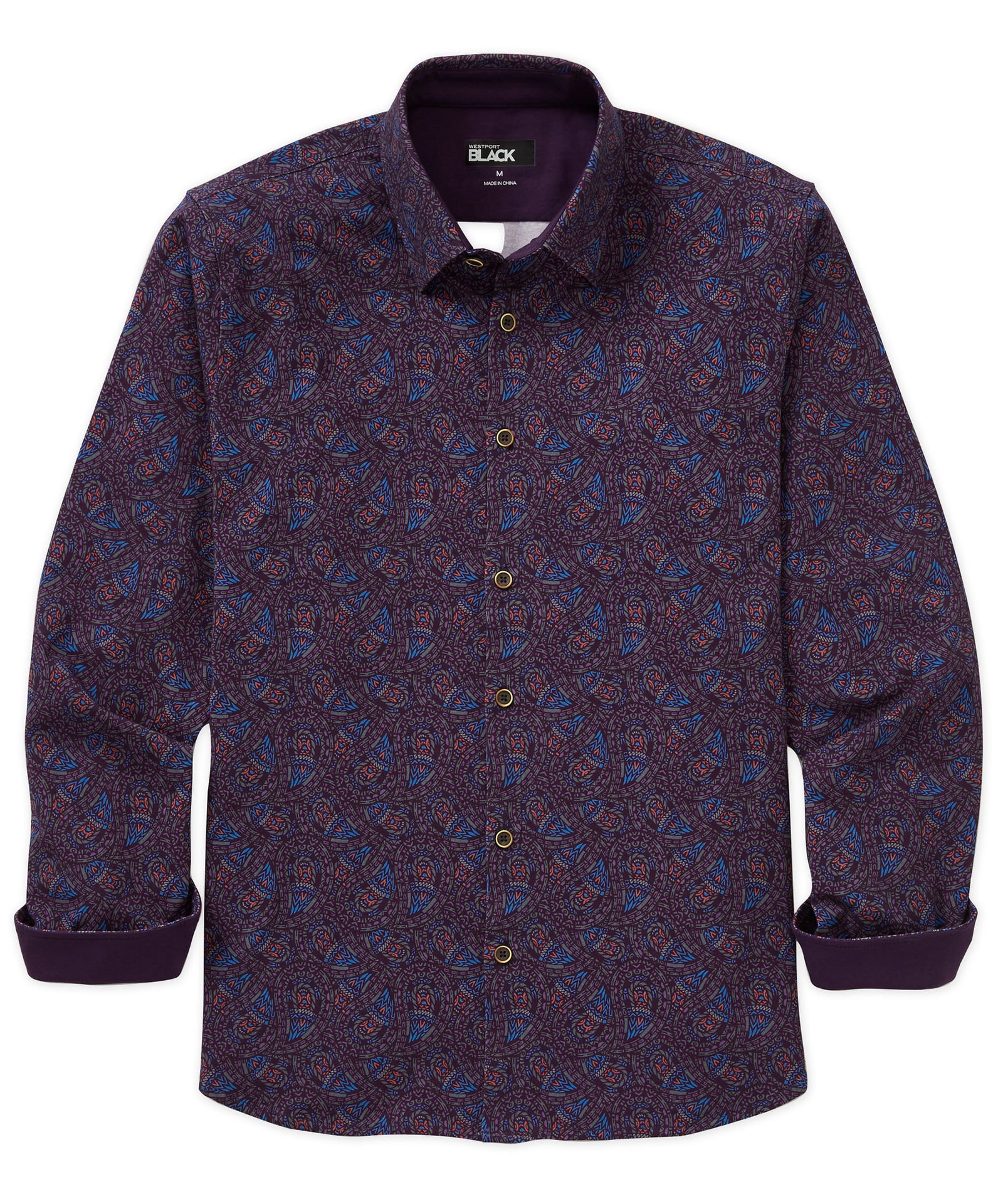 Westport Black Long Sleeve Hidden Button Down Collar Paisley Print Knit Sport Shirt, Men's Big & Tall