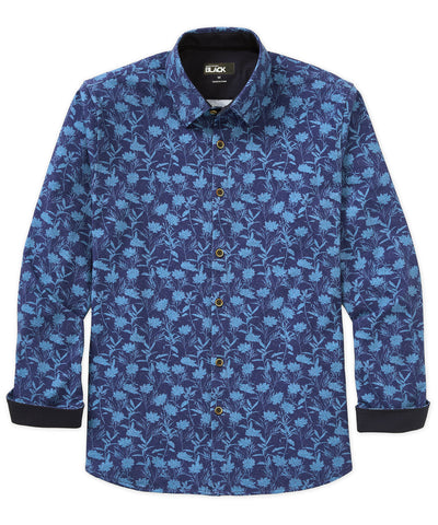 Westport Black Long Sleeve Hidden Button Down Aster Print Knit Sport Shirt, Men's Big & Tall