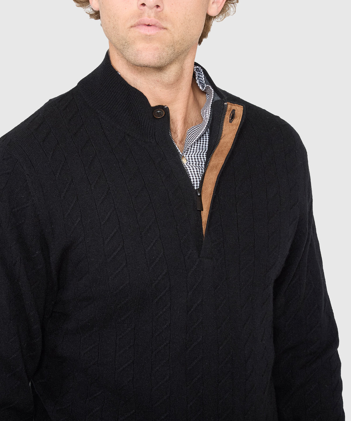 Westport Black Long Sleeve Monaco Cable Knit Button Mock Pullover Sweater, Men's Big & Tall