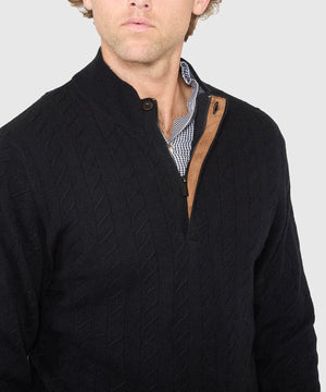 Westport Black Long Sleeve Monaco Cable Knit Button Mock Pullover Sweater