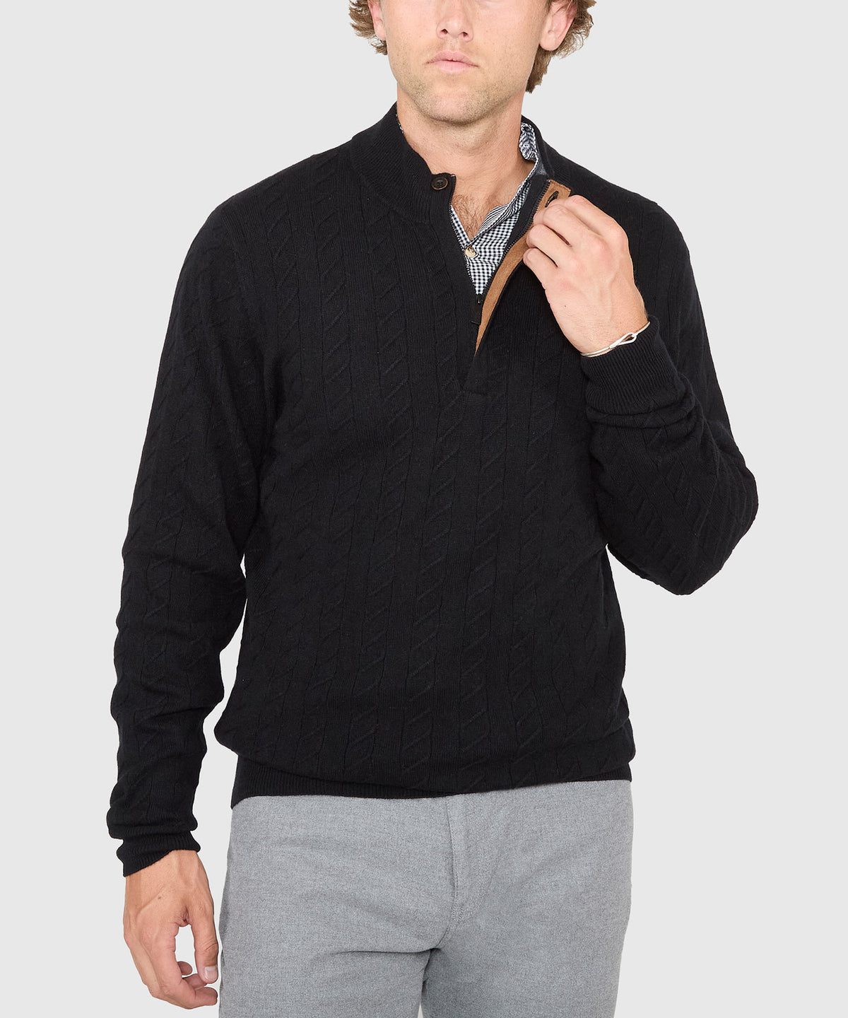Westport Black Long Sleeve Monaco Cable Knit Button Mock Pullover Sweater, Men's Big & Tall
