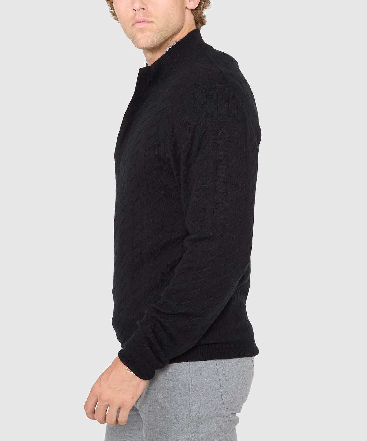 Westport Black Long Sleeve Monaco Cable Knit Button Mock Pullover Sweater, Men's Big & Tall