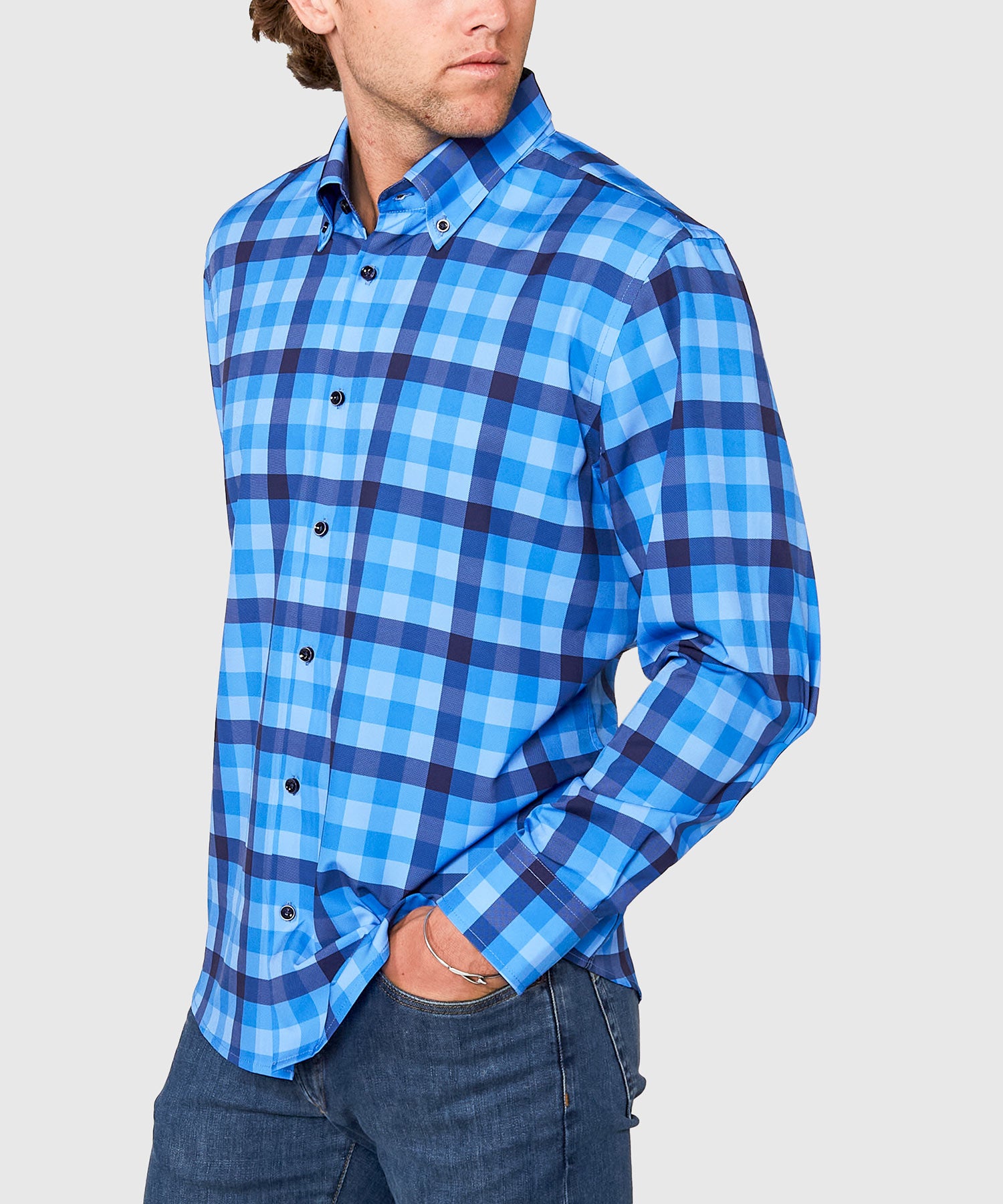 Men's Big & Tall Westport No-Tuck Long Sleeve Button Down Collar Plaid Stretch Performance Sport Shirt Blue Multi / 2XT