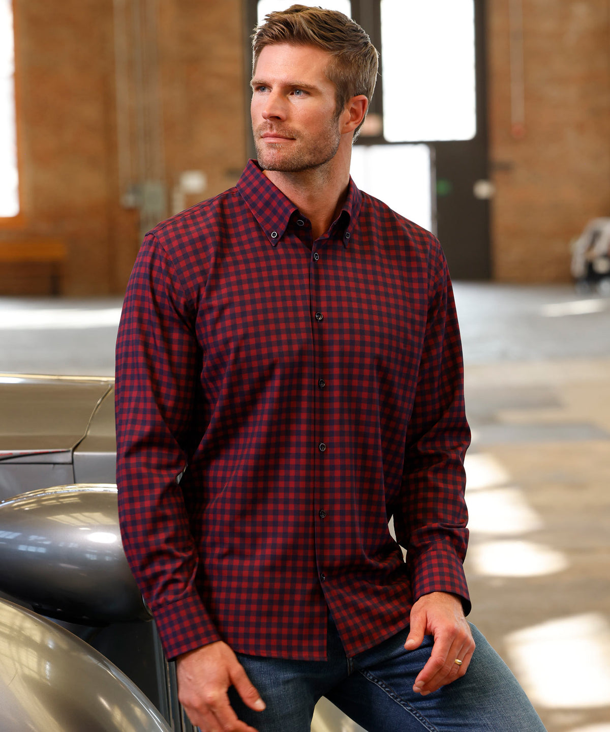 Westport No-Tuck Long Sleeve Button Down Collar Gingham Stretch Performance Sport Shirt, Men's Big & Tall