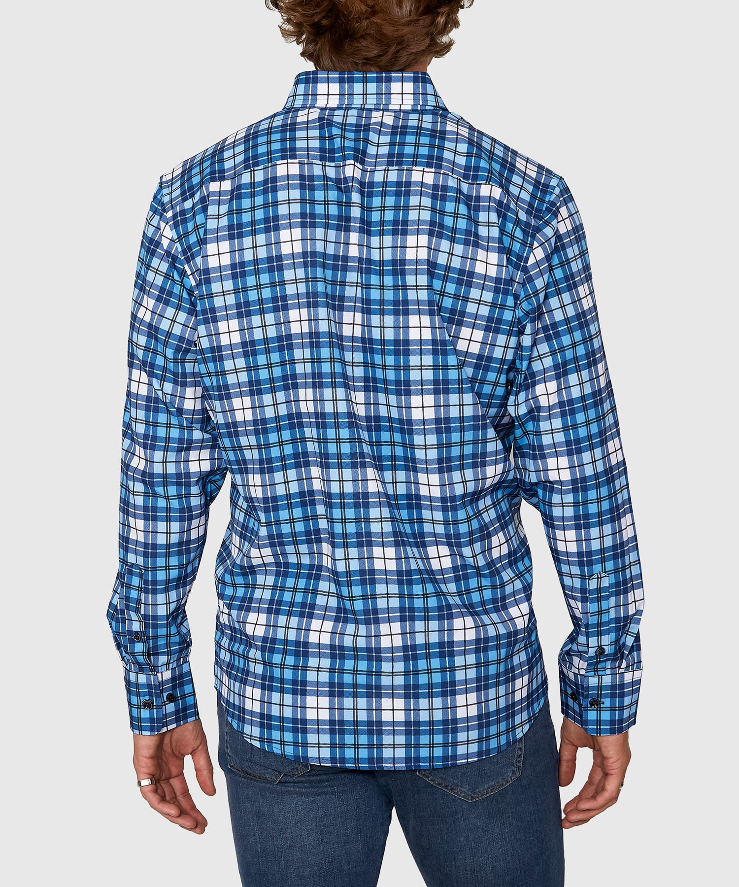 blue plaid dress shirt Men's Big & Tall Westport No-Tuck Long Sleeve Button Down Collar Plaid Stretch Performance Sport Shirt Light Blue / 3XB