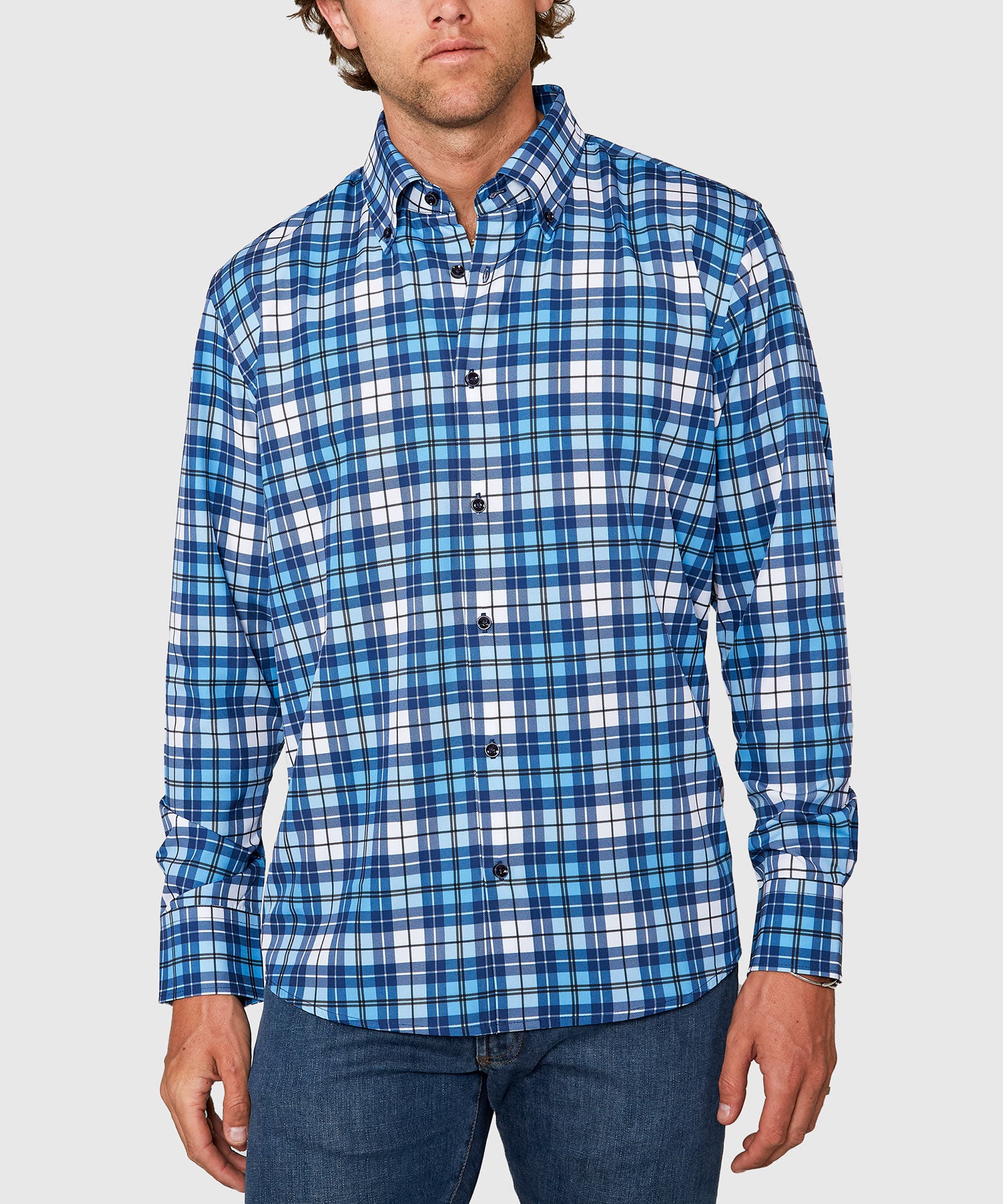 blue plaid dress shirt Men's Big & Tall Westport No-Tuck Long Sleeve Button Down Collar Plaid Stretch Performance Sport Shirt Light Blue / 3XB