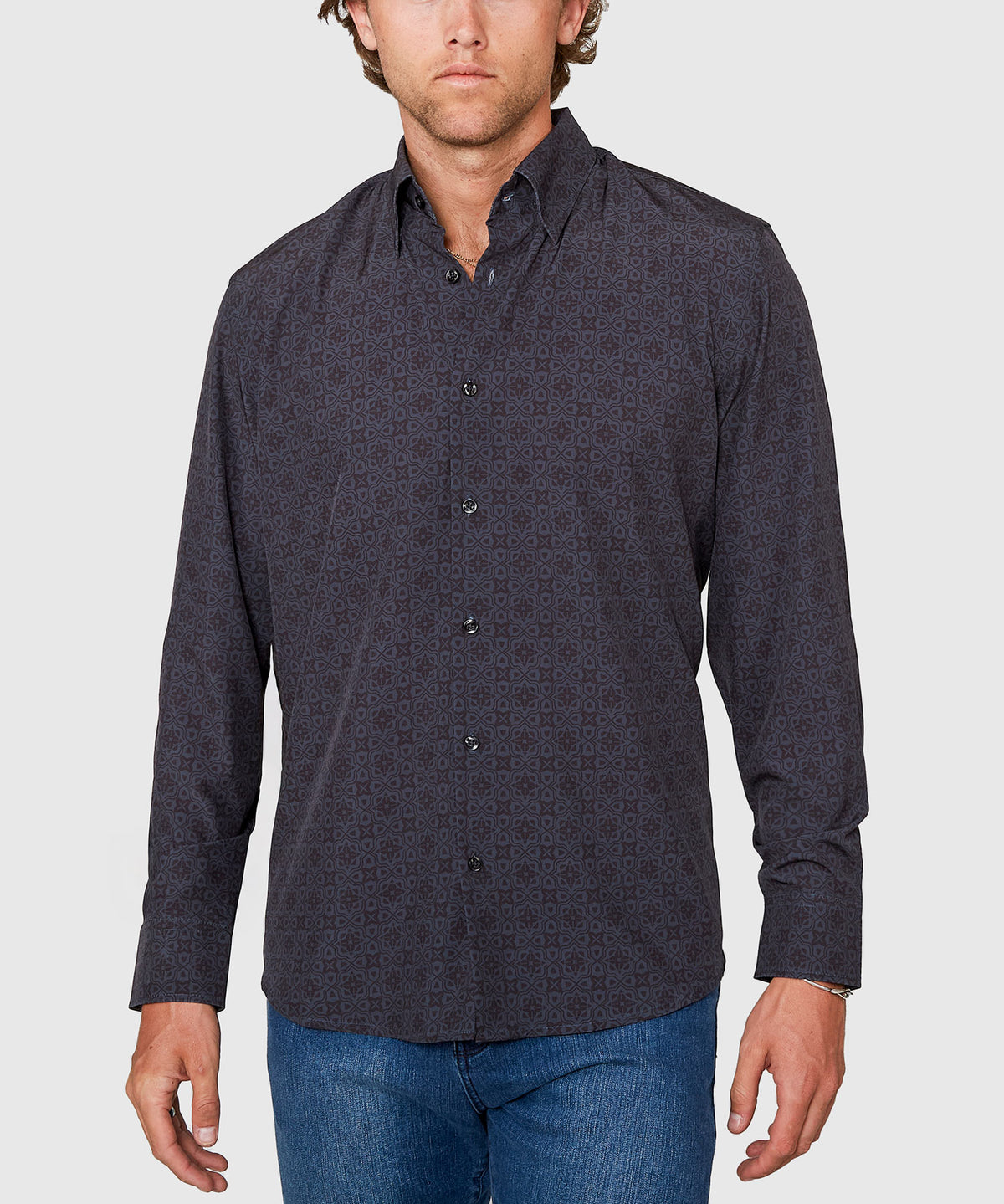 Westport No-Tuck Long Sleeve Button Under Spread Collar Geo Print Stretch Performance Sport Shirt, Men's Big & Tall