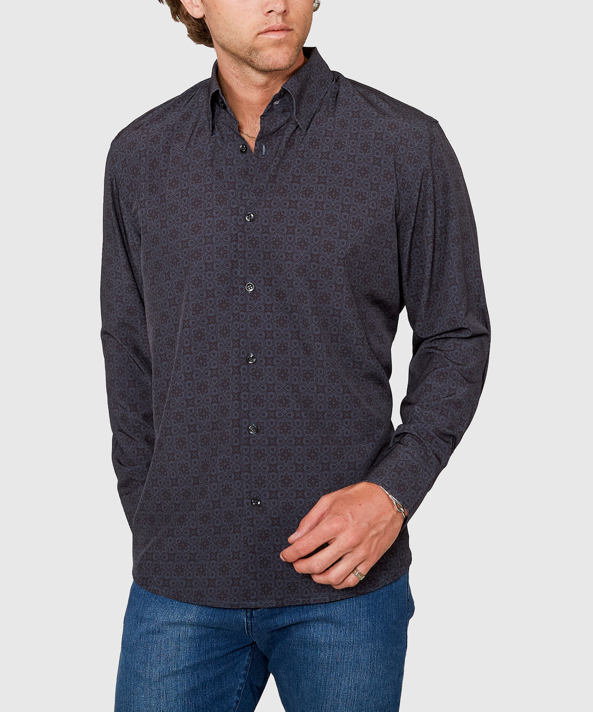 Westport No-Tuck Long Sleeve Button Under Spread Collar Geo Print Stretch Performance Sport Shirt, Men's Big & Tall