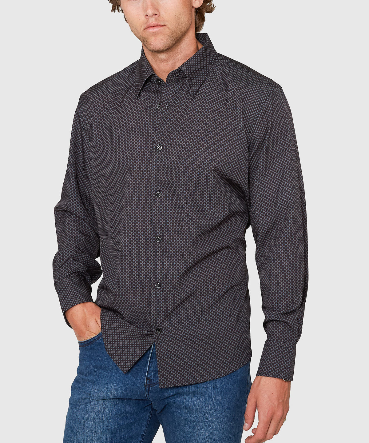 Westport No-Tuck Long Sleeve Button Under Spread Collar Geo Cross Stretch Performance Sport Shirt, Men's Big & Tall