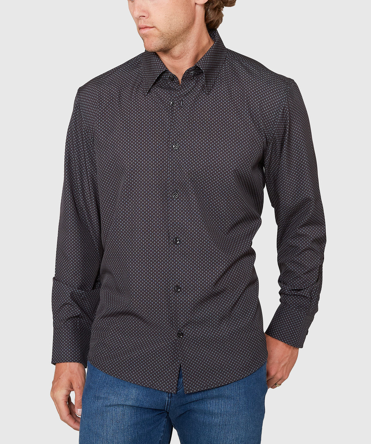 Westport No-Tuck Long Sleeve Button Under Spread Collar Geo Cross Stretch Performance Sport Shirt, Men's Big & Tall