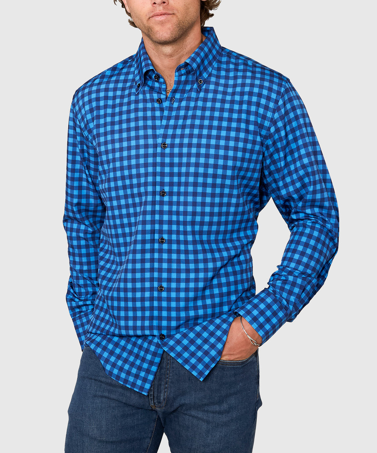 Westport No-Tuck Long Sleeve Button Down Collar Check Print Stretch Performance Sport Shirt, Men's Big & Tall