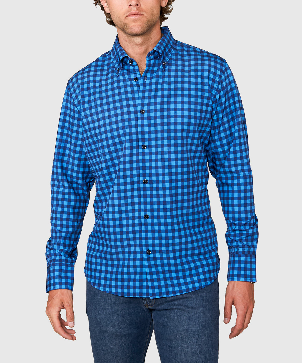 Westport No-Tuck Long Sleeve Button Down Collar Check Print Stretch Performance Sport Shirt, Men's Big & Tall