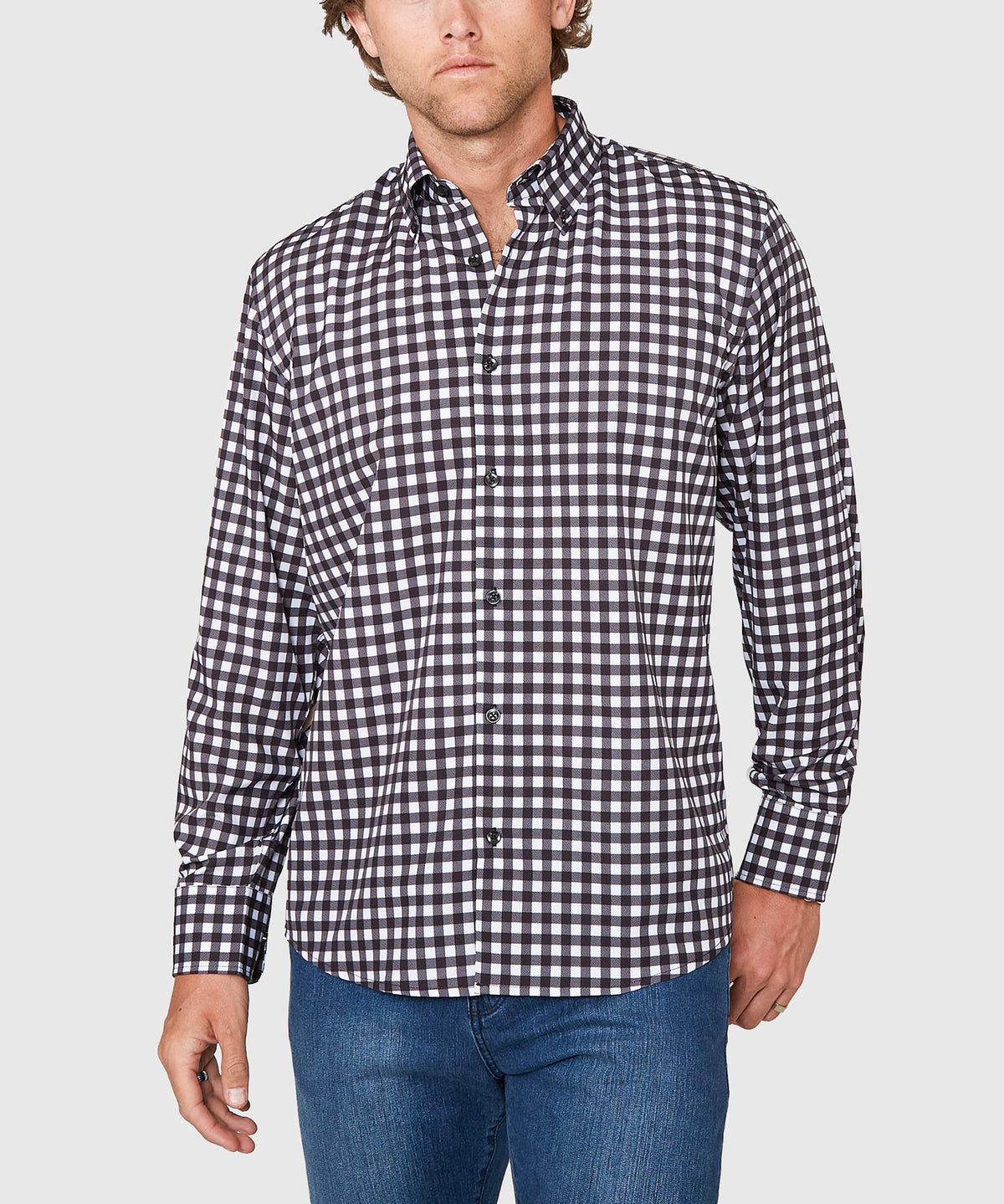 Westport No-Tuck Long Sleeve Button Down Collar Gingham Stretch Performance Sport Shirt, Men's Big & Tall