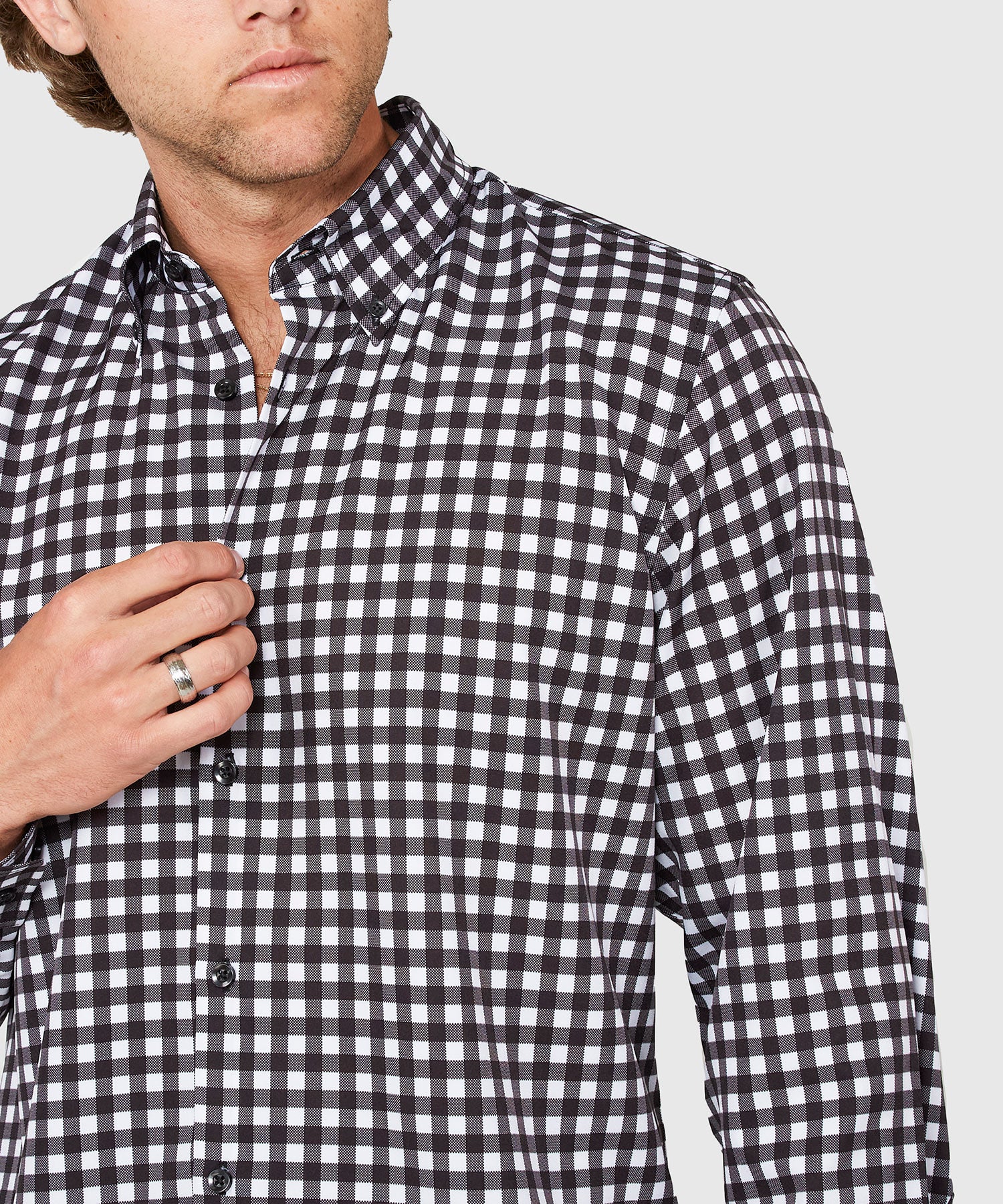 black white gingham dress shirt Stretch Supima Cotton Non-Iron English Spread Collar, Gingham Dress Shirt