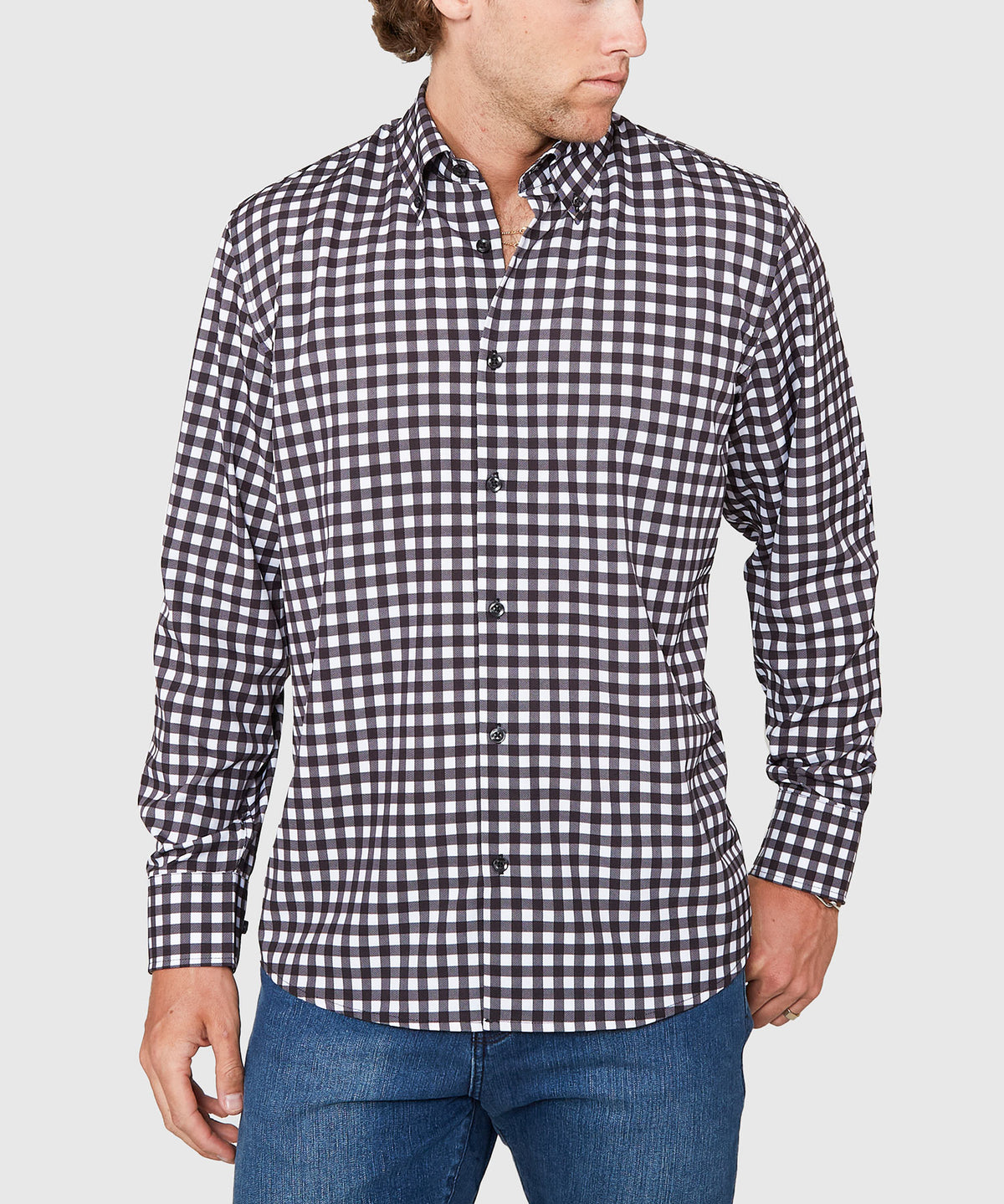 Westport No-Tuck Long Sleeve Button Down Collar Gingham Stretch Performance Sport Shirt, Men's Big & Tall