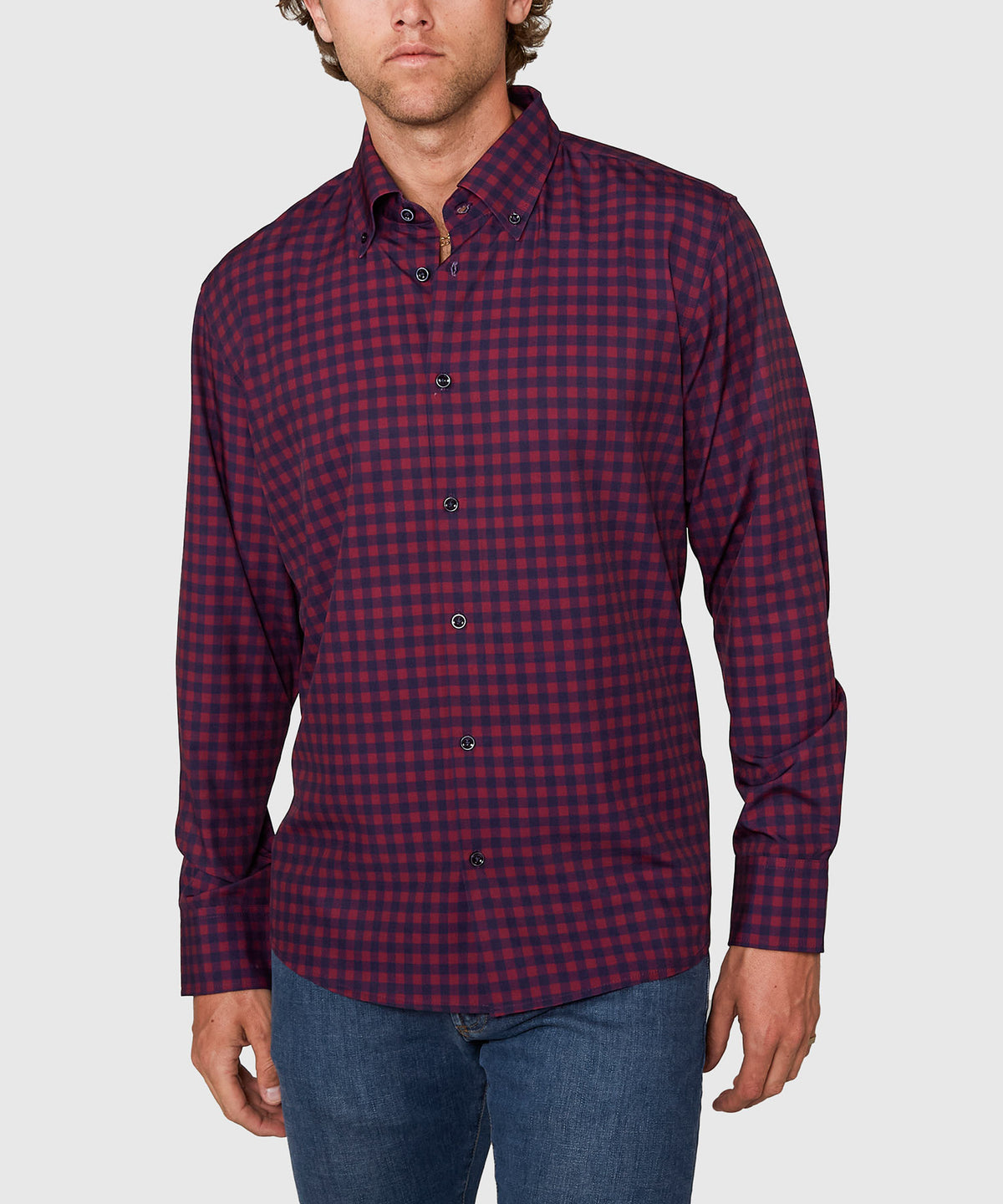 Westport No-Tuck Long Sleeve Button Down Collar Gingham Stretch Performance Sport Shirt, Men's Big & Tall