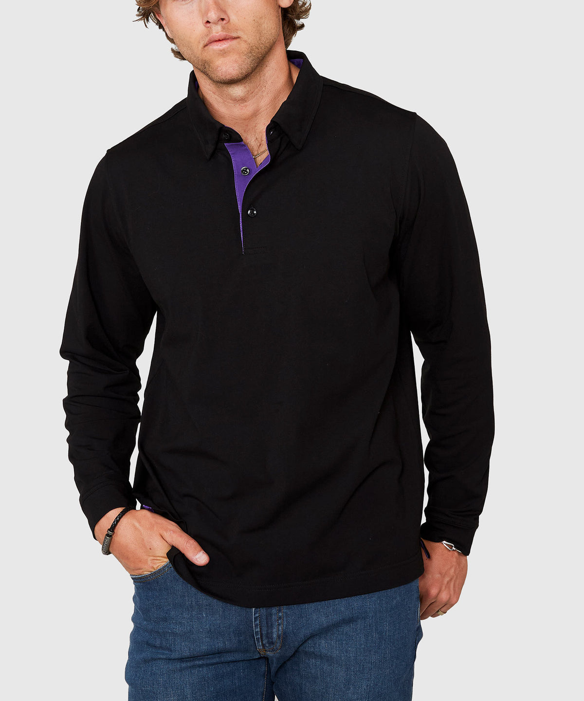 Westport No-Tuck Long Sleeve Stretch Cotton Rich Contrast Trim Placket Polo, Men's Big & Tall