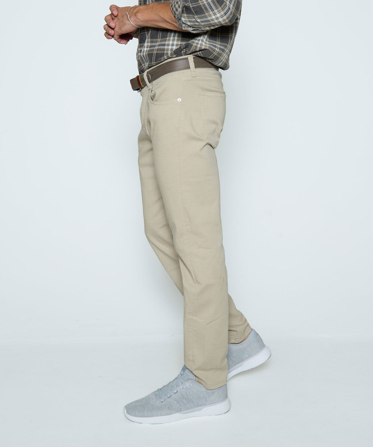 Light khaki stretch denim jeans in profile with belt loops and button closure., Westport Black Men's Big & Tall