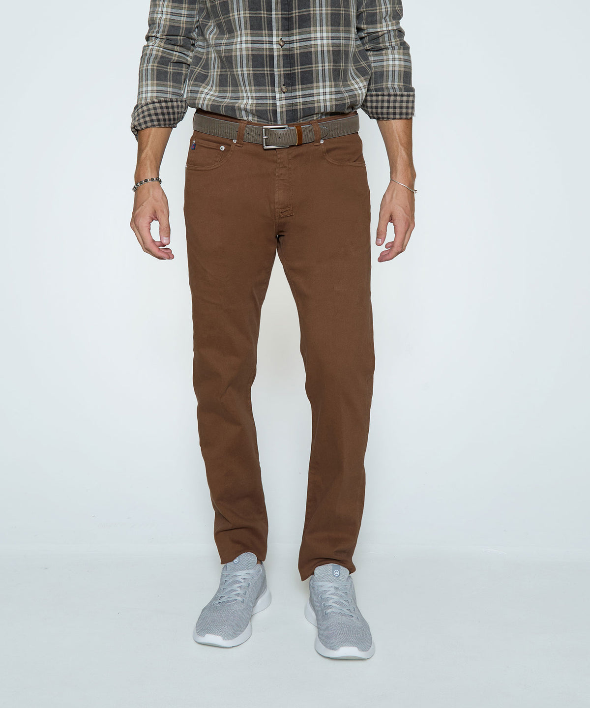 Brown stretch denim jeans with belt loops and button fly, front view., Westport Black Men's Big & Tall