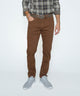 Brown stretch denim jeans with straight legs and belt loops, full front view.