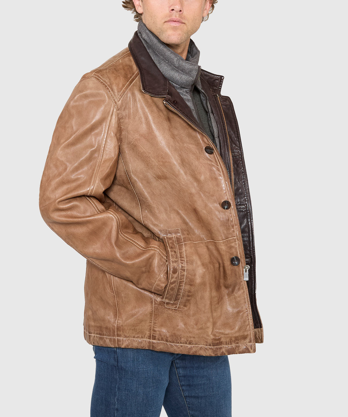 Westport Black Three Quarter Length Leather Jacket, Men's Big & Tall