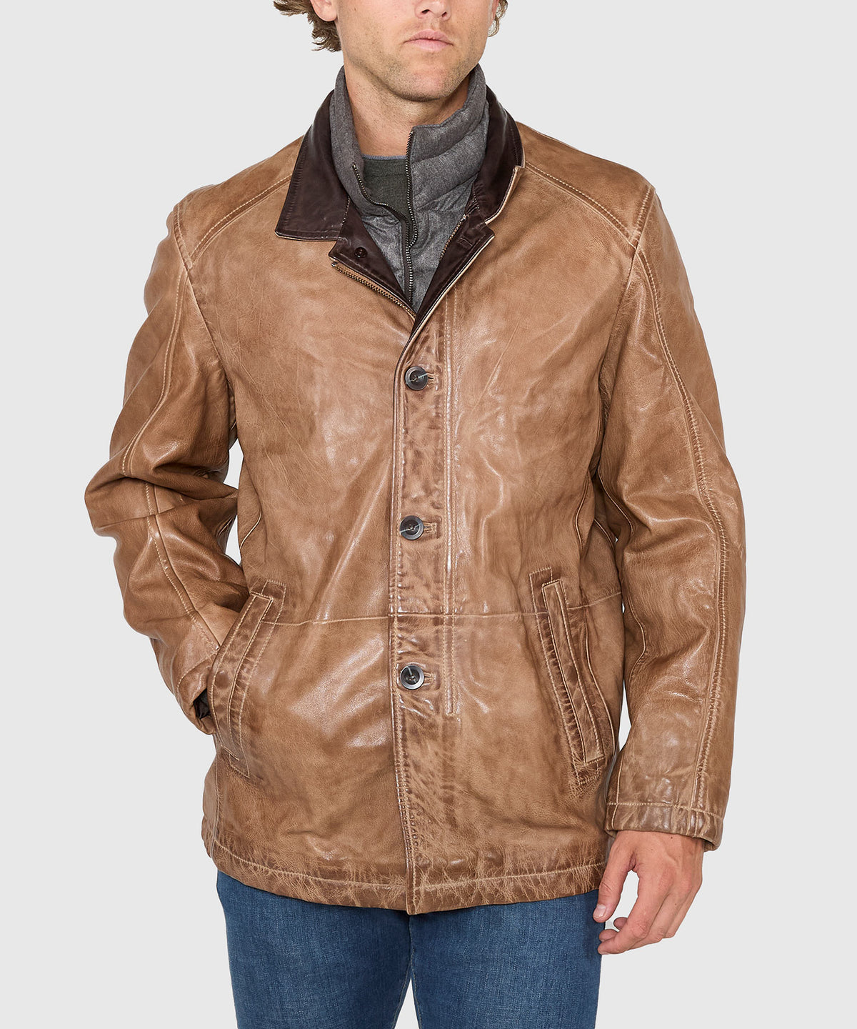 Westport Black Three Quarter Length Leather Jacket, Men's Big & Tall