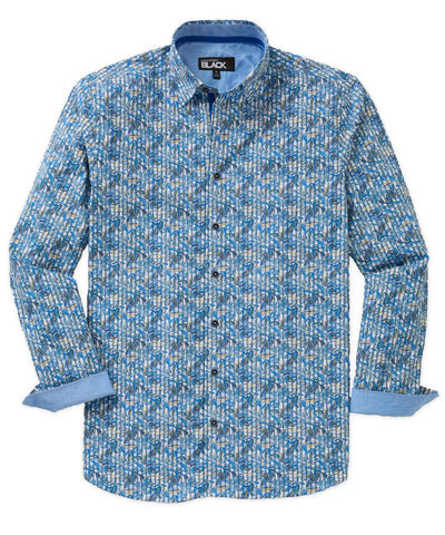 Westport Black Long Sleeve Hidden Button Down Collar Printed Sport Shirt, Men's Big & Tall