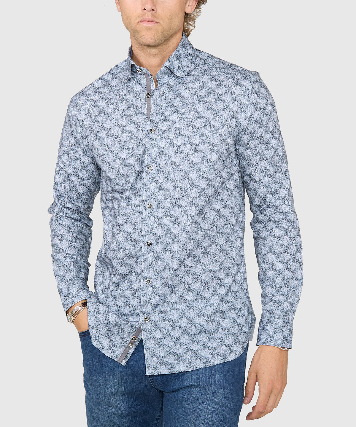 Westport Black Long Sleeve Hidden Button Down Collar Printed Sport Shirt, Men's Big & Tall