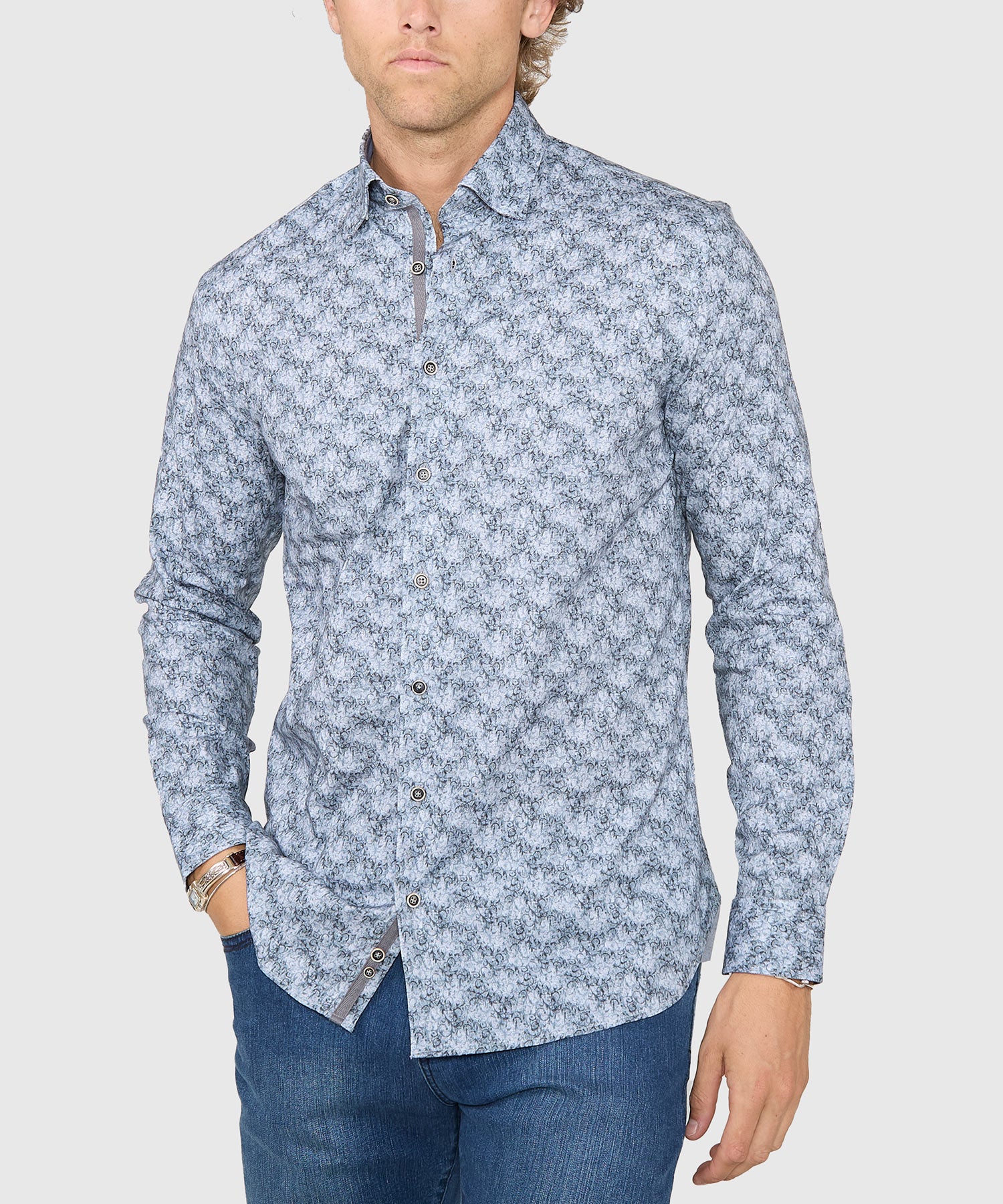 hidden button down collar dress shirts Men's Big & Tall Westport Black Long Sleeve Hidden Button Down Collar Printed Sport Shirt Grey / 2XT