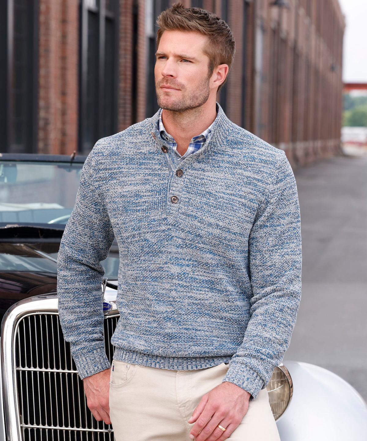 Westport Black Big & Tall Chenille Button Mock Sweater