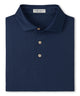 Navy textured print performance polo, short sleeves, button placket and collar