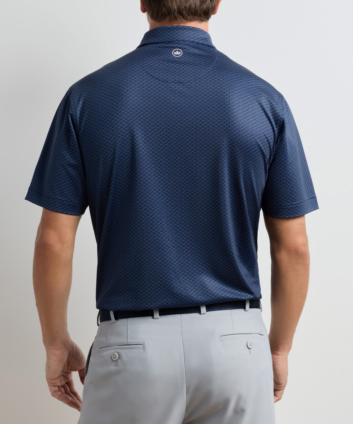 Navy short-sleeve performance polo with patterned print, back view, Peter Millar Men's Big & Tall