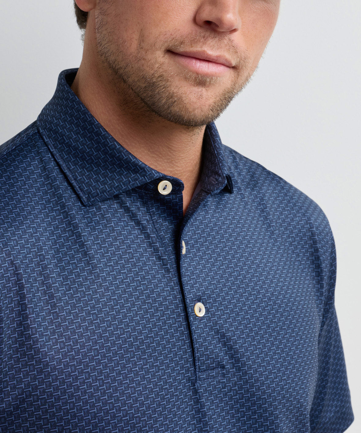 Navy textured print polo with stand collar and two-button placket, Peter Millar Men's Big & Tall